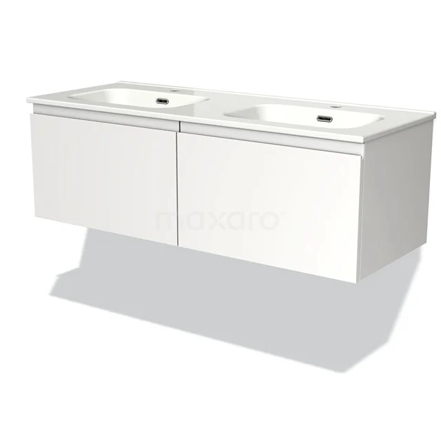 White double basin with sleek design, hanging vanity units with basin, including two modern ceramic sinks.