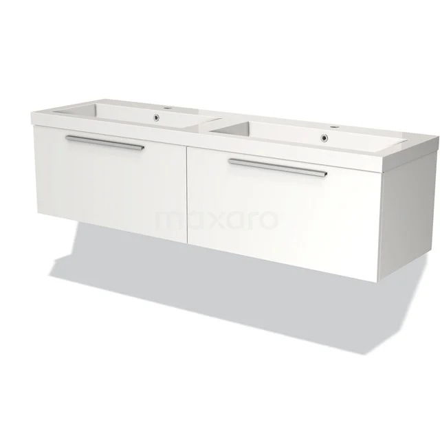 Weißes hängendes Badezimmermöbel mit Doppelwaschbecken, modernem Erscheinungsbild und metallischen Griffen, ideal für geräumige Bäder.