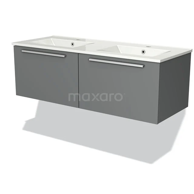 Grey floating bathroom furniture set with double basin, modern sleek finish and integrated handles.