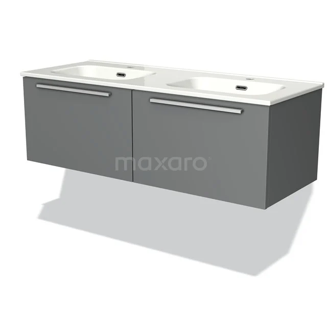 Grey floating bathroom unit with double basin, sleek design and chrome handles from modern design programme.