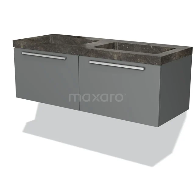 Grey bathroom unit with two drawers and dark marble basin, ideal for modern bathroom design.