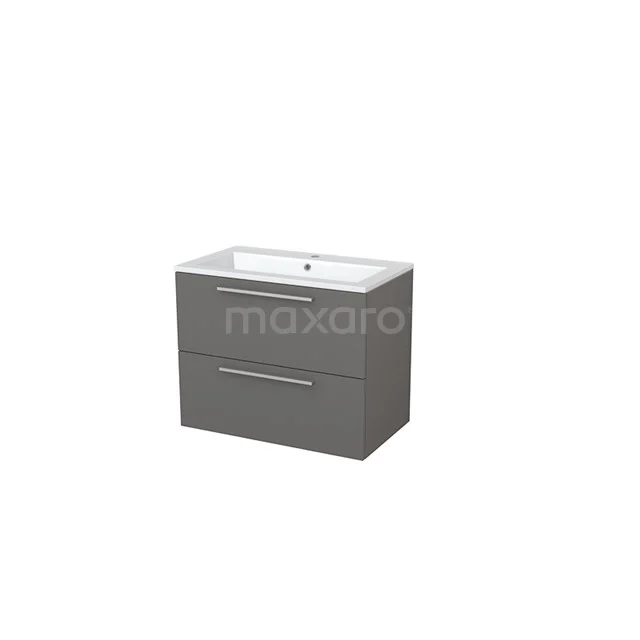 Grey bathroom unit with two drawers, integrated white vanity units with basin and chrome handles, modern style for a sleek bathroom.