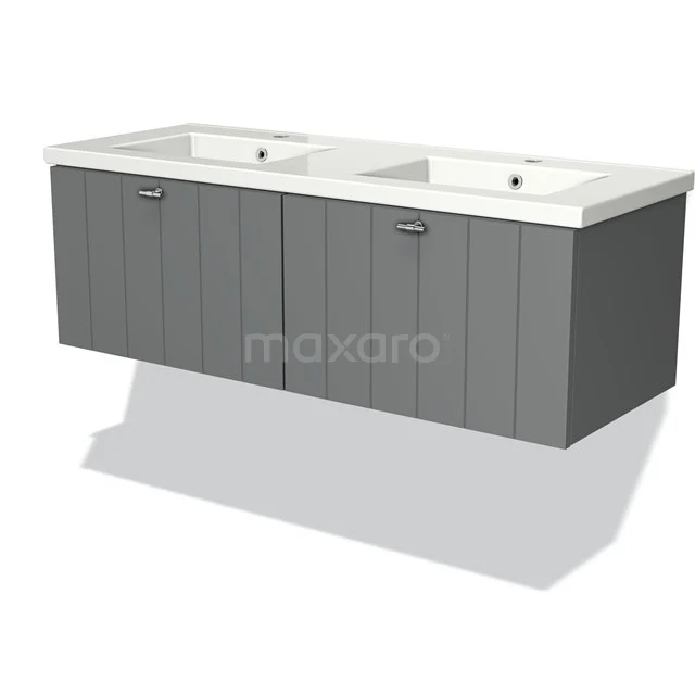 Grey wall-mounted vanity units with double basin and ribbed pattern, ideal for modern bathroom layouts.