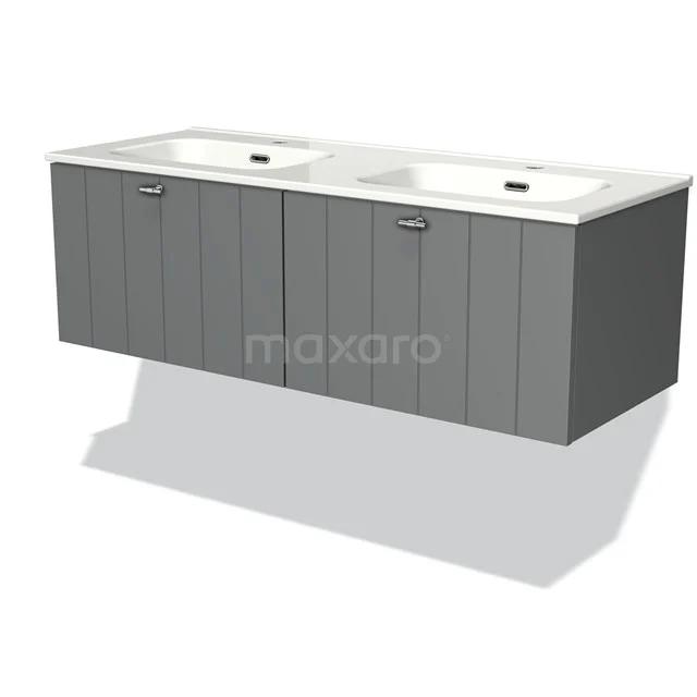 Grey hanging bathroom furniture set with double basin, wood-look finish and modern vertical line accents.