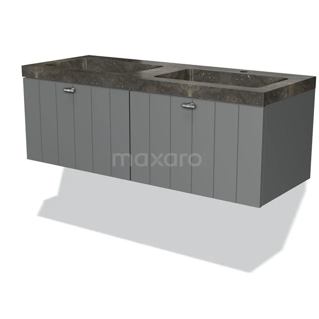Grey wooden bathroom furniture set with marble worktop and integrated basin, modern floating design.