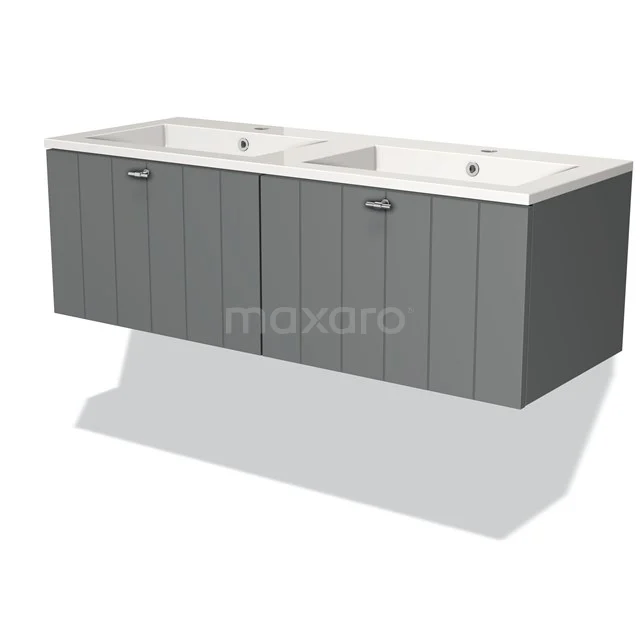 Grey wooden double basin with white ceramic vanity units with basin, hanging bathroom unit from modern series with vertical lines.