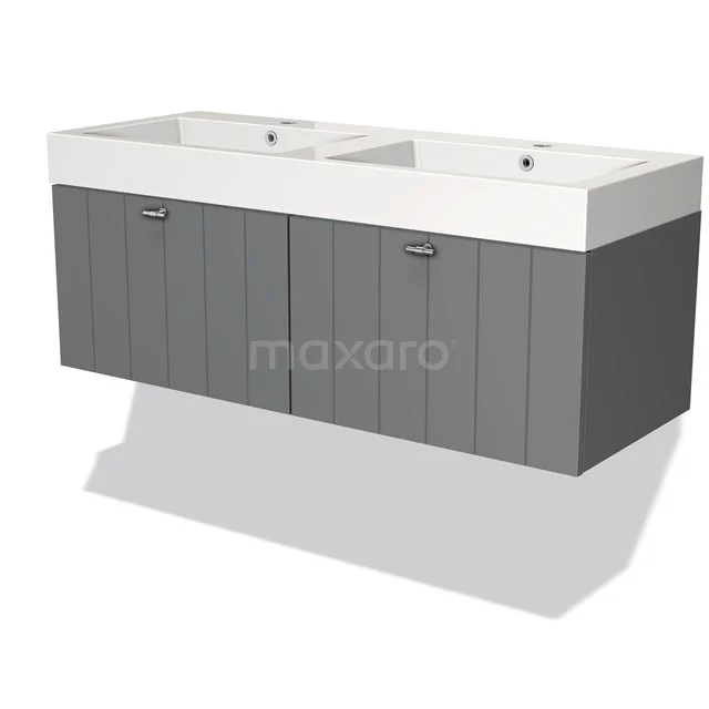 Grey double vanity unit with vertical lines, two white ceramic sinks, ideal for a modern bathroom style.