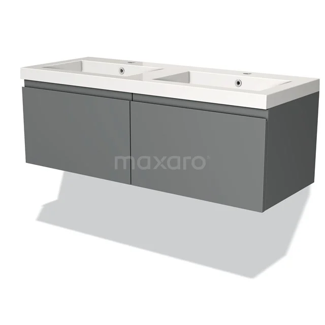 Grey floating bathroom unit with double white basin, clean lines and drawer storage space, modern design.