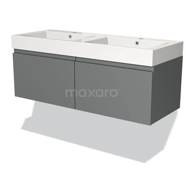 Grey vanity units with double basin, sleek design, matte finish, ideal for modern bathrooms.