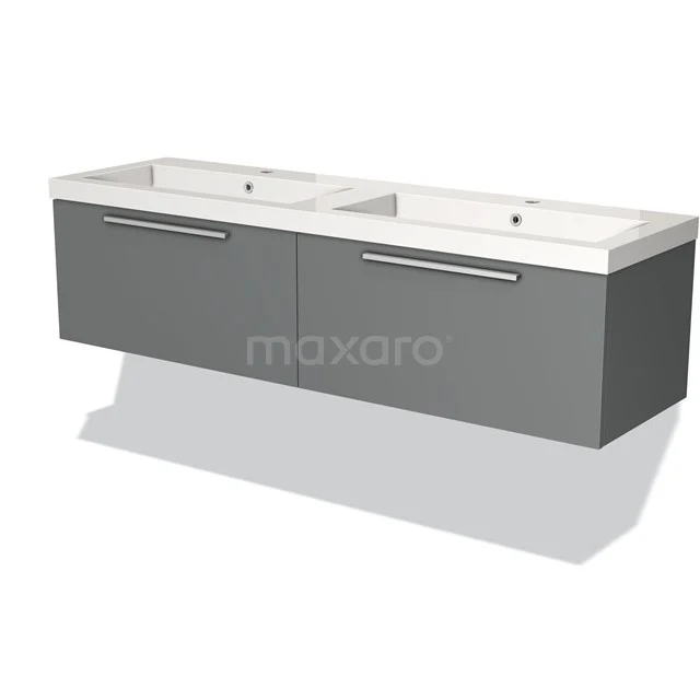 Graue schwebende Badmöbelset mit doppeltem weißen Waschbecken, moderner minimalistischer Stil, ideal für Badezimmerlagerung.