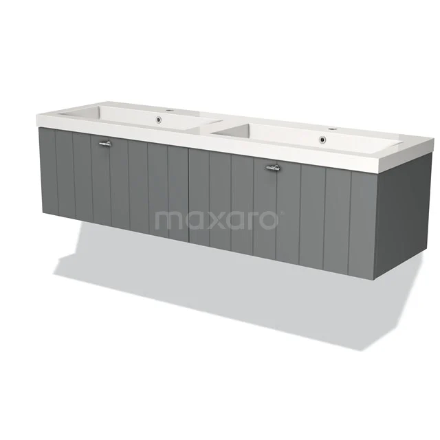 Doppelte graue Waschtischset mit klarem Design, mattlackiertem Holz und integriertem Stauraum für ein modernes Badezimmer.