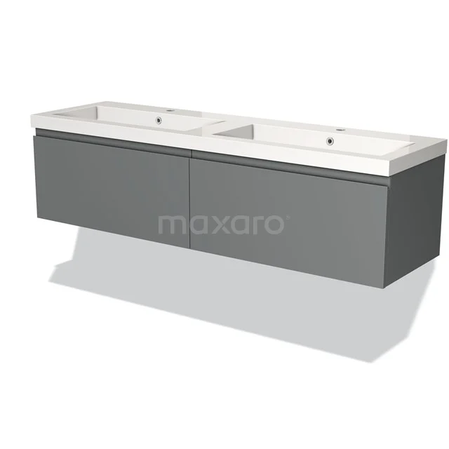 Graue Badmöbel Set mit Doppelwaschbecken, elegantes Design, matte Oberfläche, ideal für moderne Bäder.