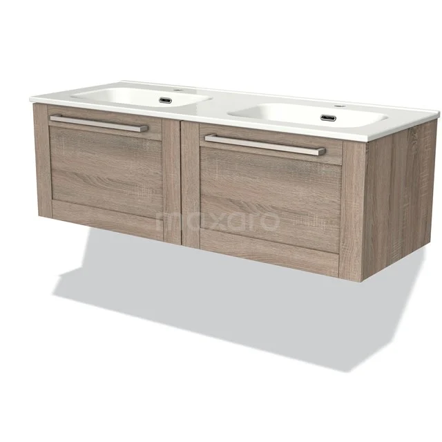Modulo Bathroom furniture with sink | 120 cm Oak Frame front Ceramic 2 Side-by-side drawers BMW12-00133 Wooden double vanity unit with drawers, light wood colour, modern design, ideal for a stylish bathroom.