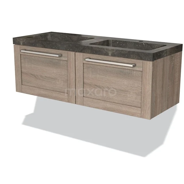 Modulo Bathroom furniture with sink | 120 cm Oak Frame front Natural stone 2 Side-by-side drawers BMW12-00135 Wooden bathroom unit with double drawers and dark grey natural stone basin, modern design suitable for wall mounting.