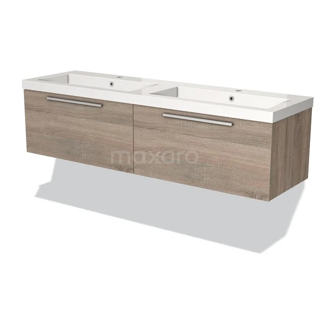 Holz-Waschtisch mit doppeltem Keramik-Waschbecken, schwebendes Design, helle Eichen-Oberfläche, ideal für moderne Bäder.