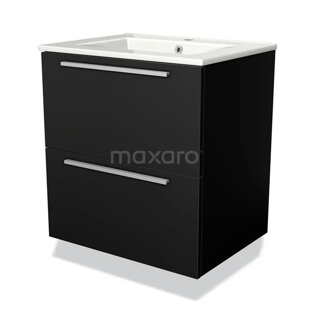Zwarte badkamerkast met twee lades, witte keramische wastafel en strak design, perfect voor moderne badkamers.