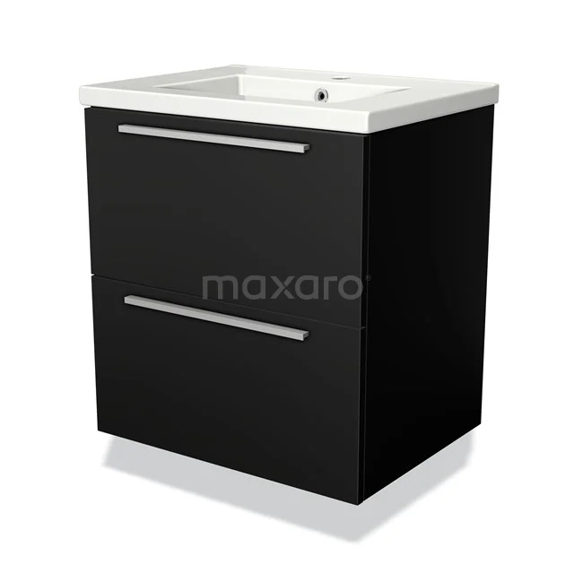 Black bathroom furniture set with basin, featuring two drawers with chrome handles for modern bathroom design.