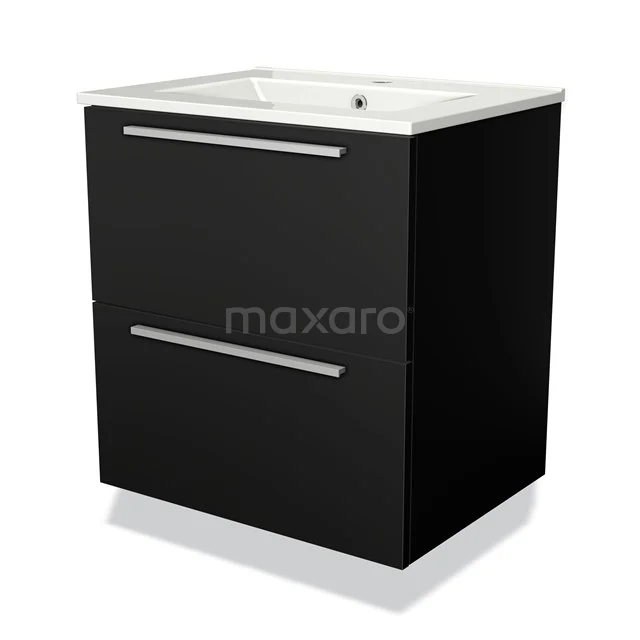 Black bathroom unit with two drawers and a white basin, sleek design and stainless steel handles, ideal for modern bathrooms.