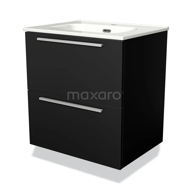 Zwarte badkamermeubel met twee lades, strakke metalen grepen en ingebouwde wastafel; modern ontwerp voor stijlvolle badkamers.