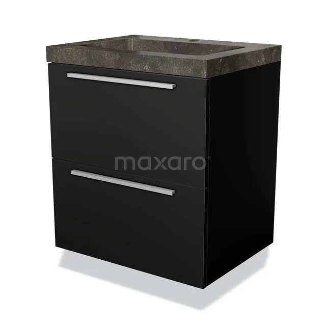 Zwarte badkamerkast met betonlook wastafel, twee lades en strak design, perfect voor een moderne badkamer inrichting.
