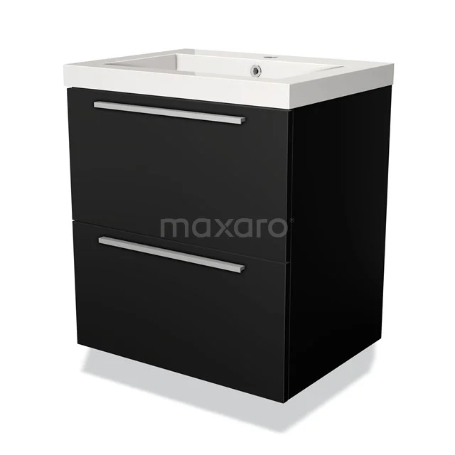Zwarte badkamerkast met twee laden en witte wastafel, modern ontwerp met strakke lijnen, ideaal voor een stijlvolle badkamer.