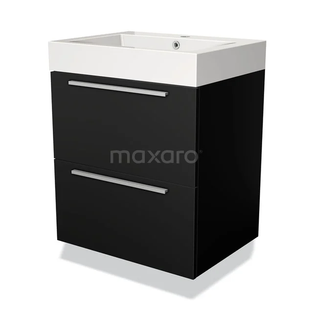 Zwart badkamermeubel met witte wasbak, twee lades en metalen handgrepen, modern design, ideaal voor compacte badkamers.