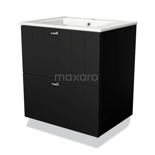 Zwarte badkamerkast met witte wastafel, moderne uitstraling, twee lades met chromen handgrepen, ideaal voor compacte badkamers.