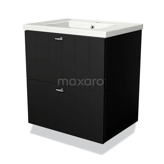 Black bathroom unit with white sink, two drawers and chrome handles, modern wood veneer design.