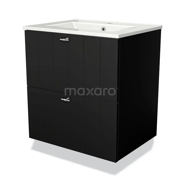 Zwarte badkamerkast met twee lades en een witte keramische wastafel, modern ontwerp uit de LuxeLine-serie.