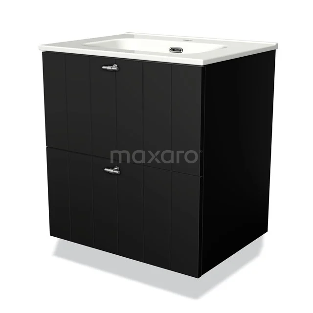 Black bathroom unit with two drawers and white basin, minimalist design and suitable for modern bathroom fittings.
