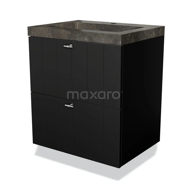 Zwarte badkamermeubel met betonnen wasbak, modern design, twee lades, ideaal voor stijlvolle badkameropslag.