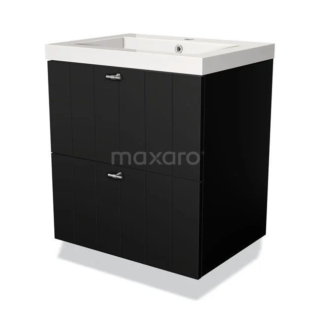Zwart badkamermeubel met twee lades, modern design, witte wastafel, compact formaat, ideaal voor stijlvolle badkamerrenovaties.