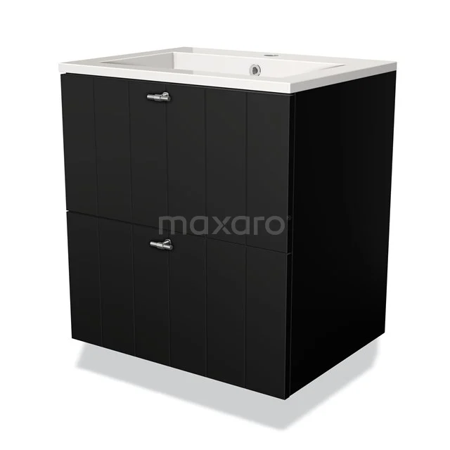 Zwart badkamermeubel met twee lades, strakke lijnen, glossy afwerking en keramische wastafel; stijlvol en functioneel.