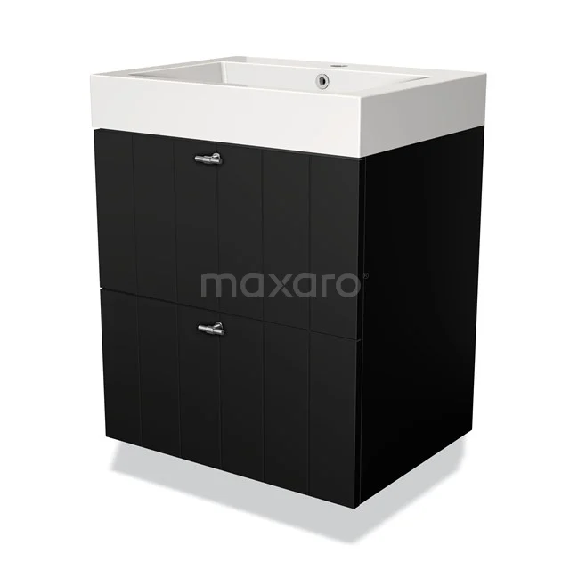 Schwarze Badmöbelset mit weißem Waschbecken, modernes Design, zwei Schubladen mit metallischen Haltegriffen, ideal für kompakte Bäder.