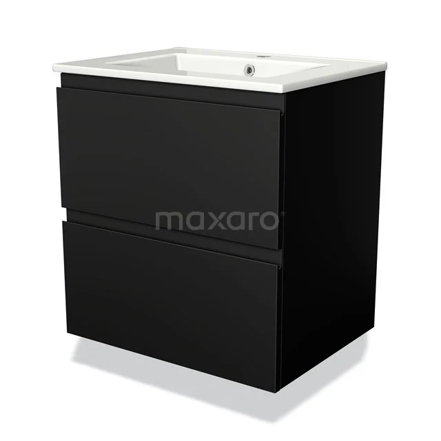 Zwart badkamermeubel met twee lades, rechthoekig keramieken wastafelblad, strak modern design ideaal voor een eigentijdse badkamer.
