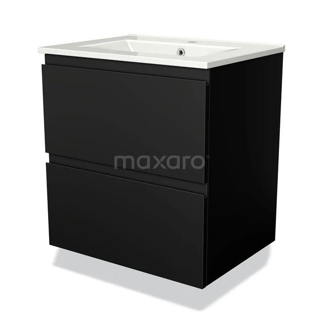 Zwarte badkamermeubelset met twee lades en witte wastafel, modern design van houtmateriaal, ideaal voor compacte badkamers.