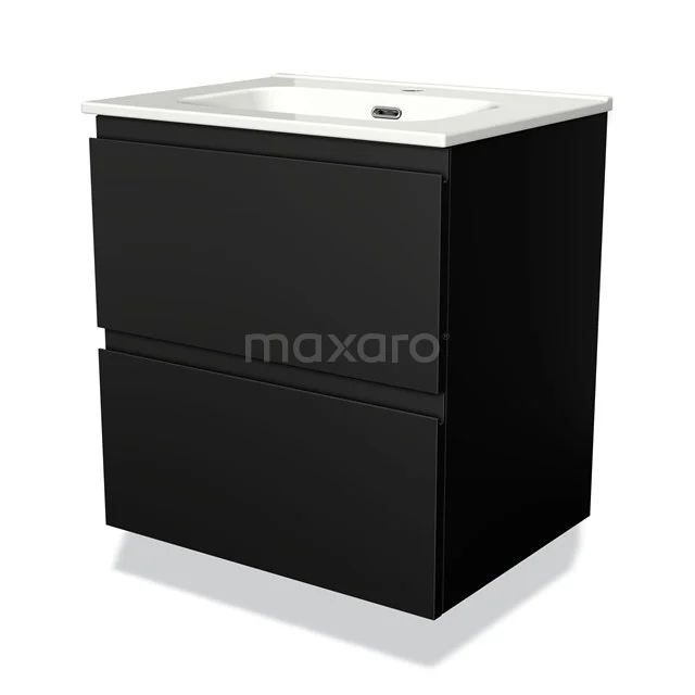 Zwart badkamermeubel met strakke lijnen, twee lades en geïntegreerde wastafel, perfect voor een moderne badkamerstijl.