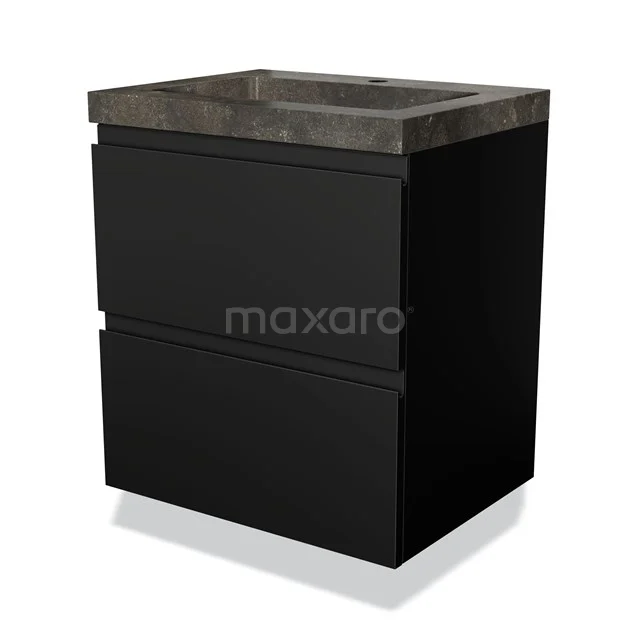 Zwarte badkamermeubelset met twee lades en een grijze natuurstenen wastafel, strak design voor een moderne badkamer.