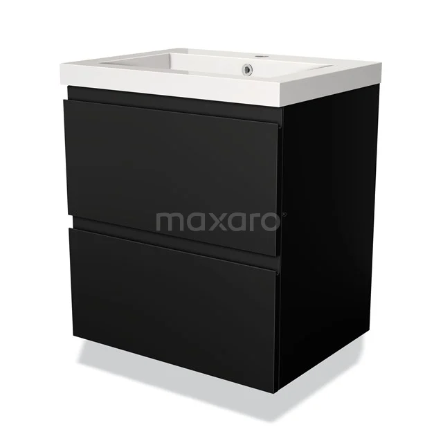 Zwarte badkamermeubelset met twee lades, strak design en witte wastafel, ideaal voor moderne badkamers.