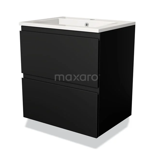Zwart badkamermeubel met twee lades, solide MDF-design, inclusief witte keramische wastafel, modern en ruimtebesparend.