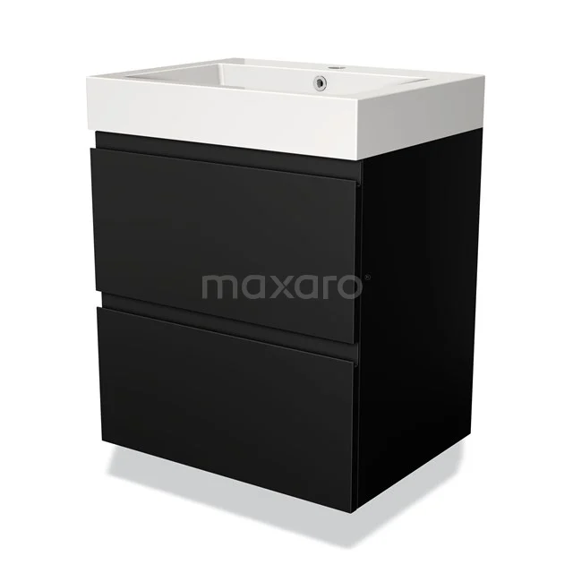 Zwart badkamermeubel met witte keramische wastafel, modern design en twee lades voor praktische opbergruimte.