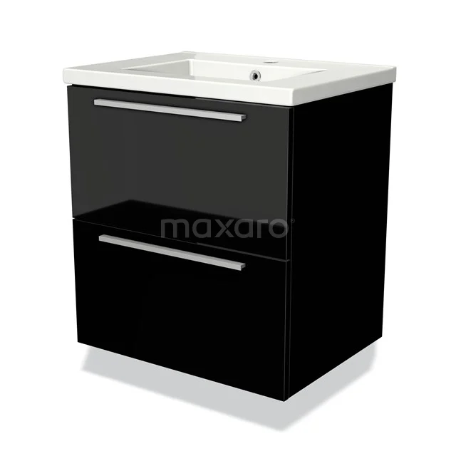 Zwart glanzend badkamermeubel met twee lades, chromen grepen en keramische wastafel, modern design.