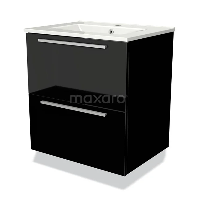 Badkamermeubel 60cm Modulo Hoogglans Zwart 2 lades Vlak Wastafel Keramiek BMW17-00069