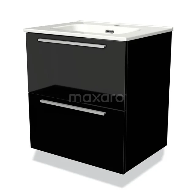 Black high-gloss bathroom unit with two soft-close drawers and integrated vanity units with basin made of ceramic.