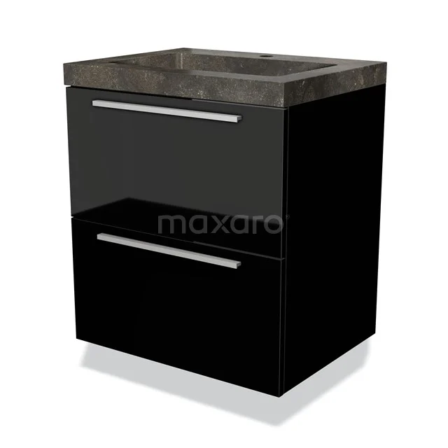 Zwarte badkamerkast met twee lades en een keramische wastafel, moderne afwerking en chromen handgrepen.