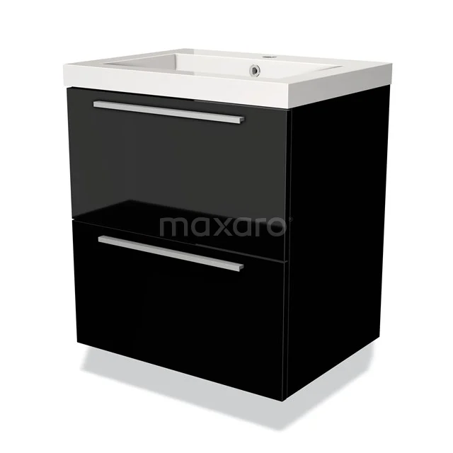 Zwarte glanzende badkamermeubel met twee lades, strak design en witte wastafel van keramiek.