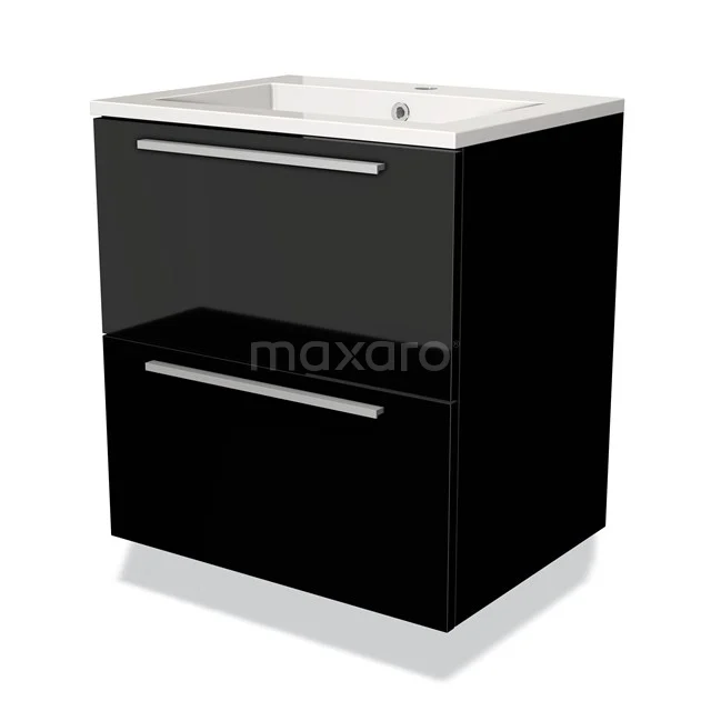 Zwart hangend badkamermeubel met hoogglans afwerking, twee lades en geïntegreerde witte wastafel. Perfect voor moderne badkamers.