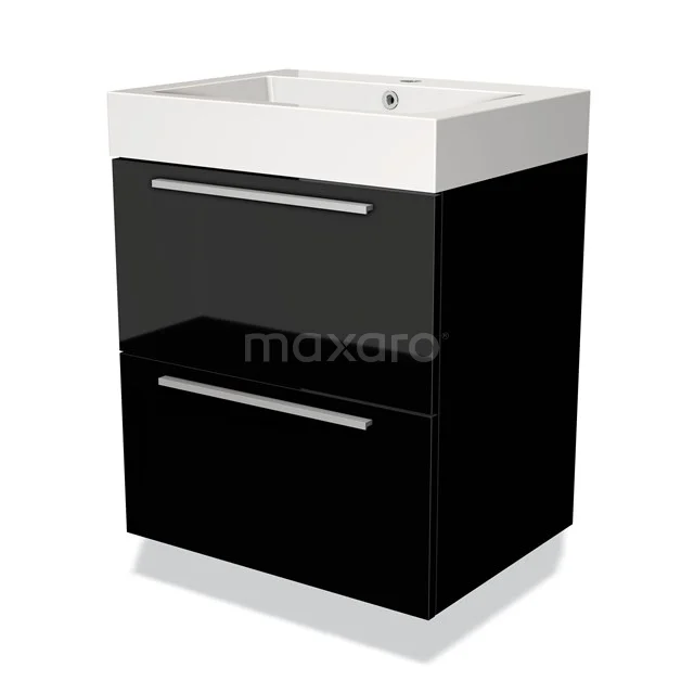 Zwart glanzend badkamermeubel met witte wastafel, twee lades en moderne zilveren handgrepen, compact en stijlvol design.