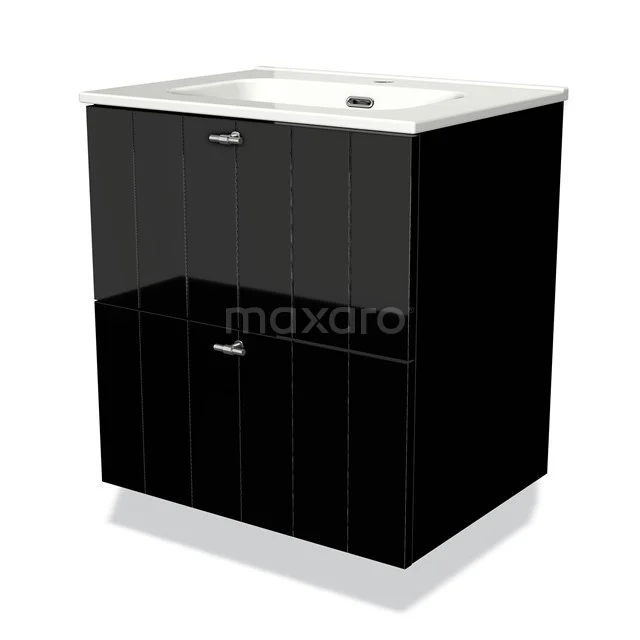Black bathroom cabinet with glossy finish, two drawers and built-in white basin, ideal for modern bathroom designs.
