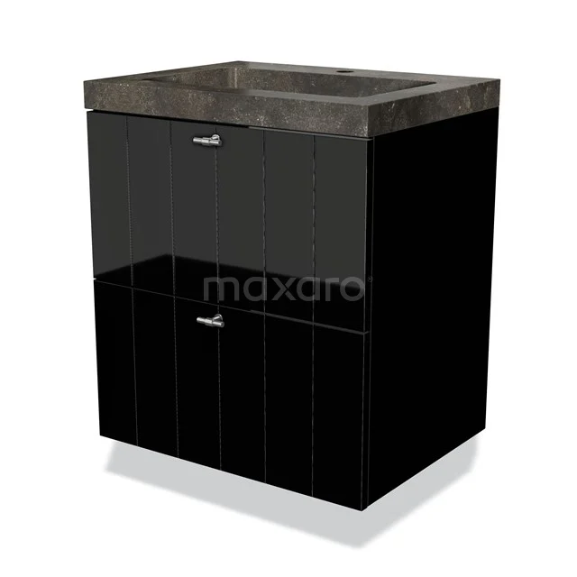 Modulo Bathroom furniture with sink | 60 cm High-gloss black Slat front Natural stone 2 Stacked drawers BMW17-00083 Black glossy bathroom unit with concrete basin worktop, compact design with two drawers, ideal for modern bathrooms.
